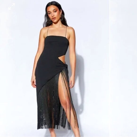Meshki Brand Black Cut Out Fringe Cocktail Dress Fun + Sexy - Picture 1 of 6